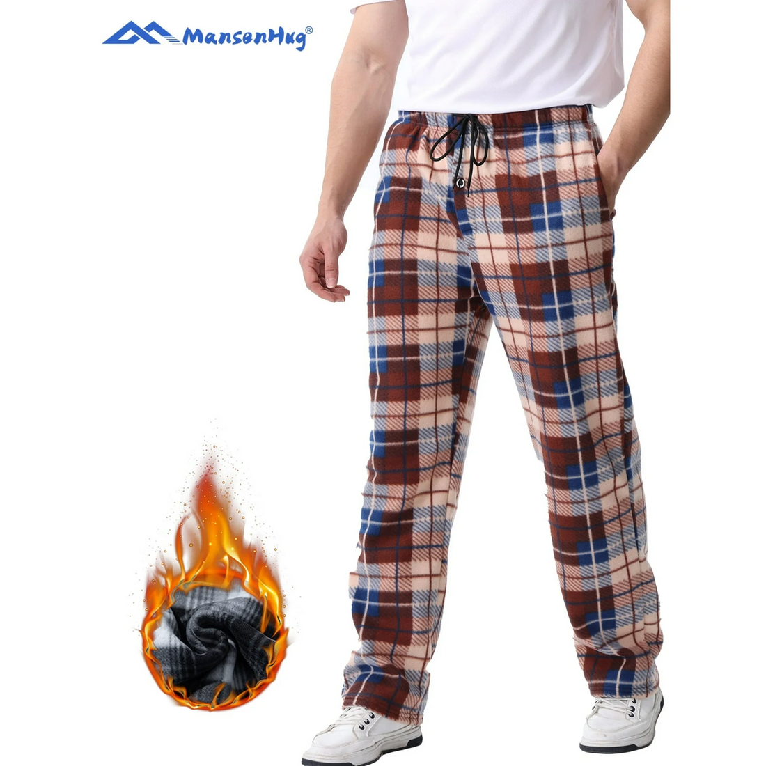 MANSENHUG Mens Plaid Pants Flannel Keep warm Double-faced pile Trousers Double-pocket storage Pajama Pants