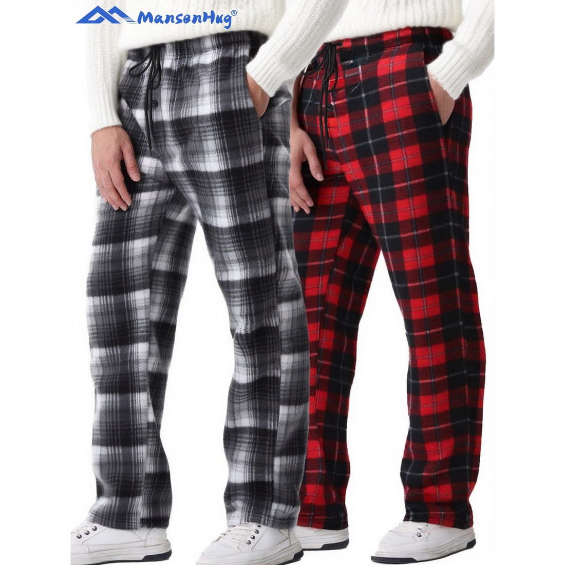 MANSENHUG 2 PACK Mens Plaid Pants Flannel Keep warm Double-faced pile Trousers Double-pocket storage Pajama Pants