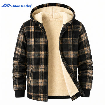 Men's Plaid Flannel Shirt Jacket, Full Zip Hooded Winter Outerwear with Soft Lamb Wool Fleece Lining